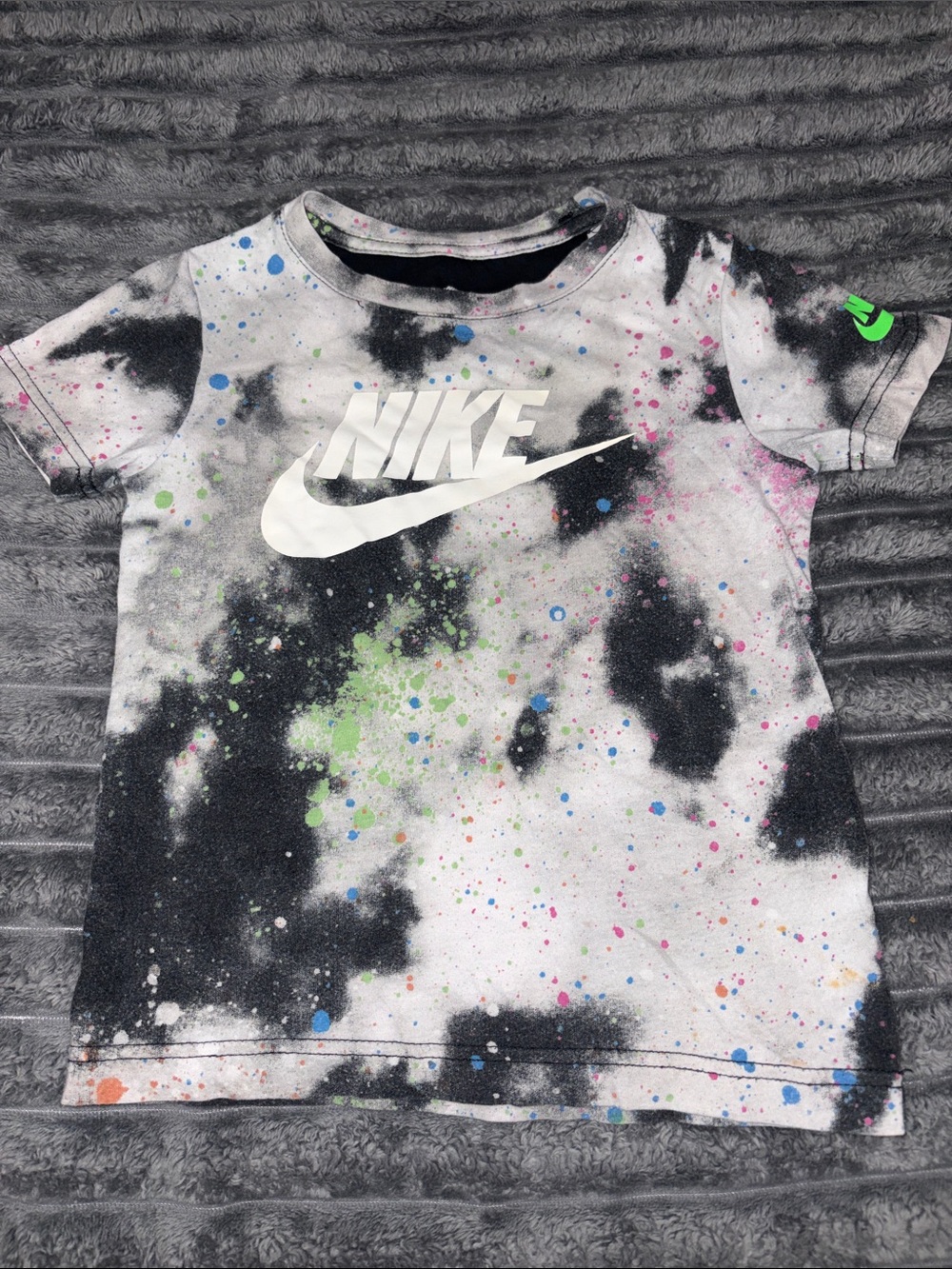 Nike Kids Black & White Tie-Dye Tee with Neon Splatter